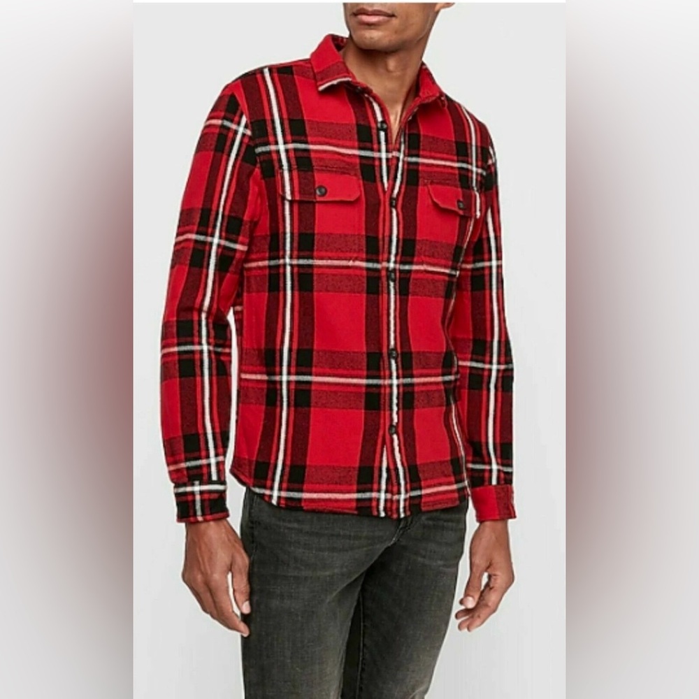 Express Men's Red and Black Plaid Flannel